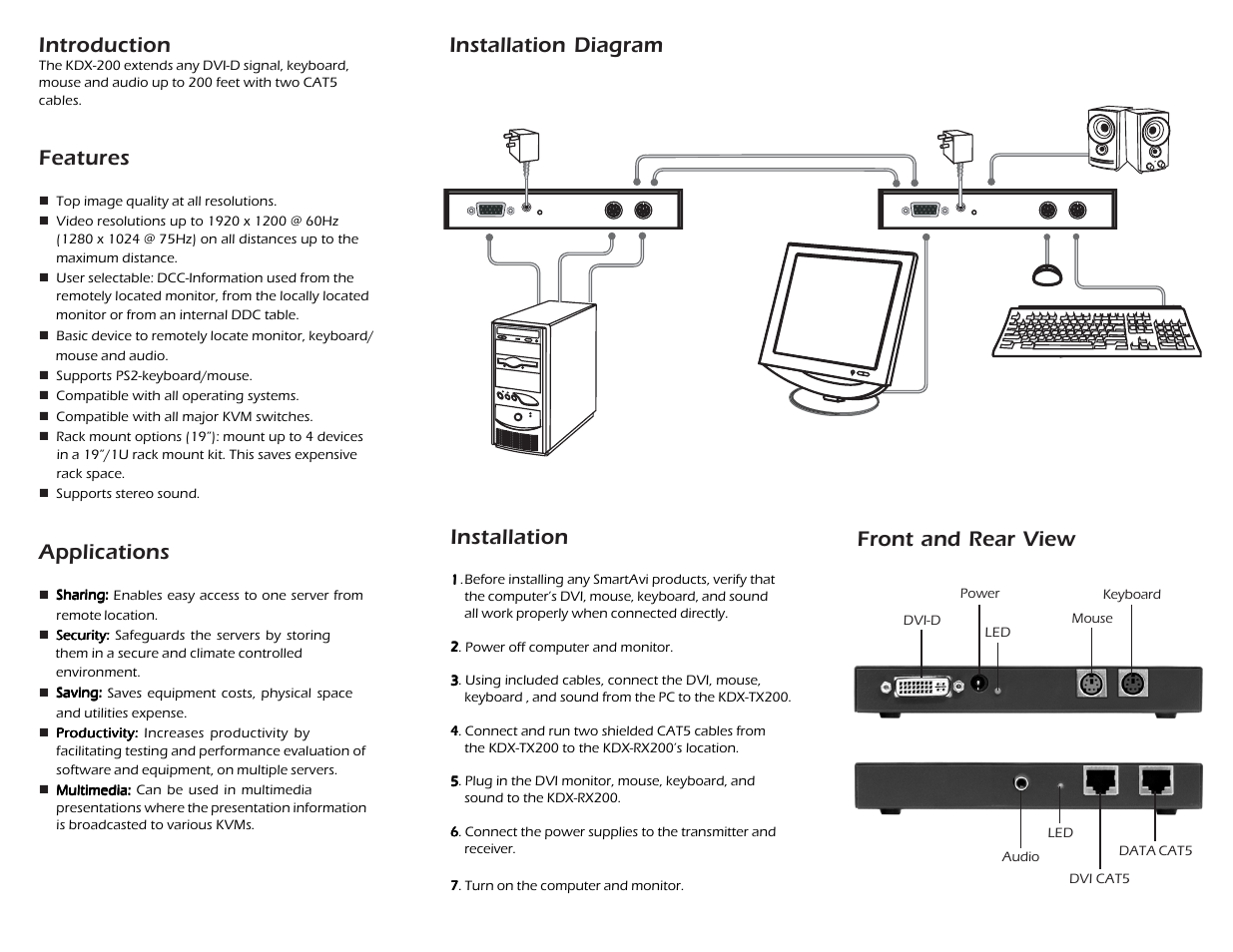 Kdx-tx200, Kdx-rx200, Introduction | Features, Applications, Installation, Installation diagram, Front and rear view | Smart Avi KDX200 User Manual | Page 2 / 2