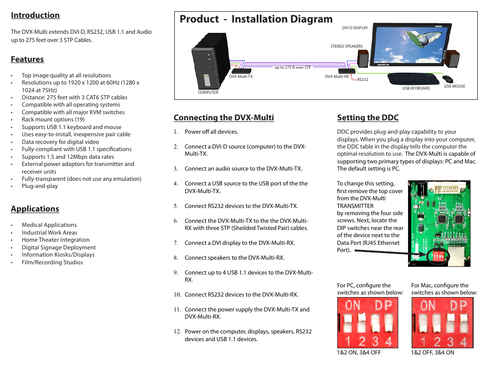 Product - installation diagram, Introduction, Connecting the dvx-multi | Applications, Features, Setting the ddc | Smart Avi DVX-Multi User Manual | Page 2 / 2
