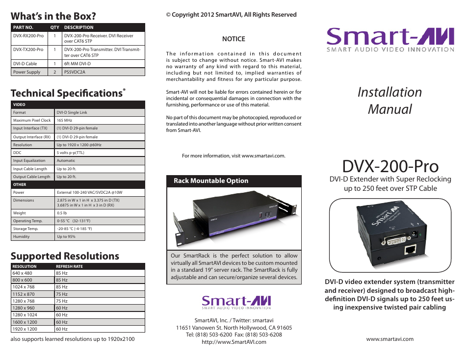 Smart Avi DVX-200-Pro User Manual | 2 pages
