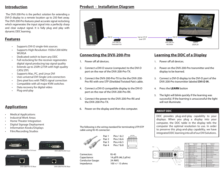 Introduction, Applications, Features | Learning the ddc of a display, Power off all devices, Press the learn button | Smart Avi DVX-200-Pro User Manual | Page 2 / 2