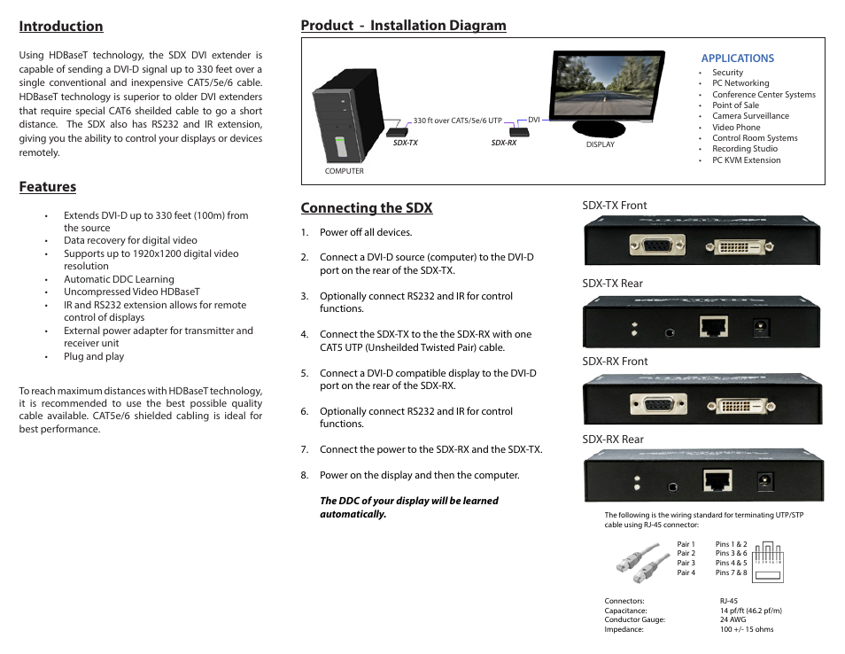 Introduction, Features, Product - installation diagram connecting the sdx | Smart Avi SDX User Manual | Page 2 / 2