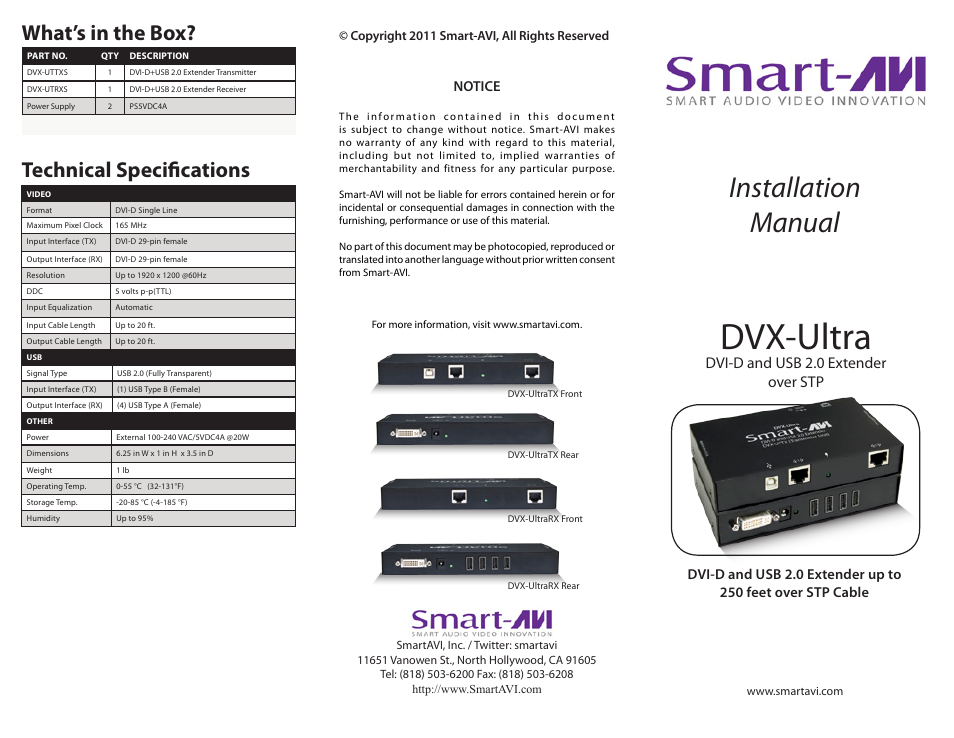 Smart Avi DVX-Ultra User Manual | 2 pages