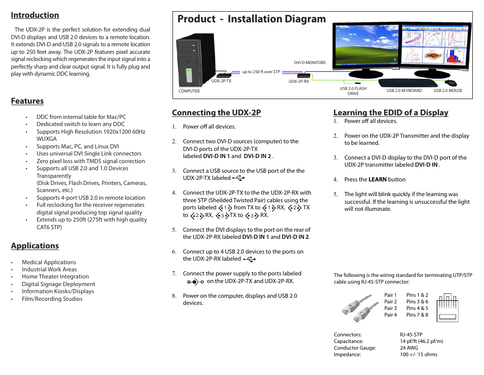 Product - installation diagram, Introduction, Connecting the udx-2p | Applications, Features, Learning the edid of a display | Smart Avi UDX-2P User Manual | Page 2 / 2