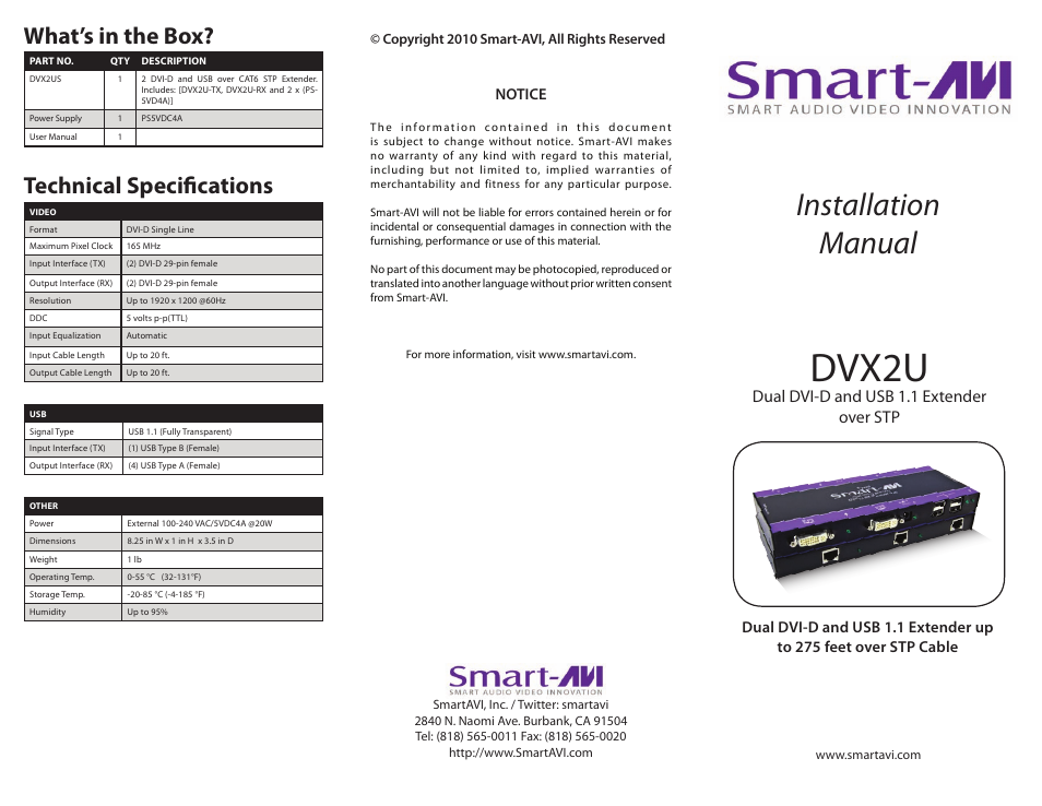 Smart Avi DVX2U User Manual | 2 pages