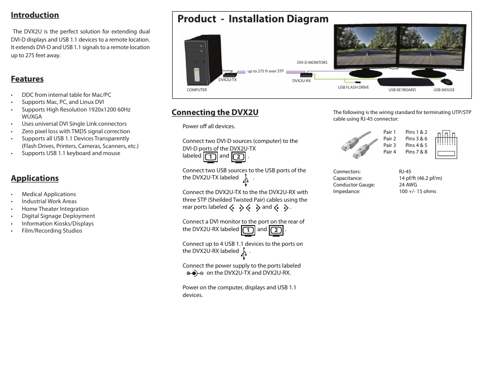 Product - installation diagram, Introduction, Connecting the dvx2u | Applications, Features | Smart Avi DVX2U User Manual | Page 2 / 2