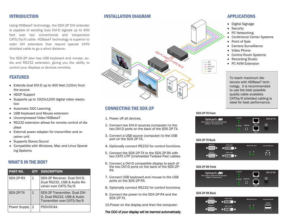 Introduction, Features, What’s in the box | Connecting the sdx-2p, Installation diagram, Applications | Smart Avi SDX-2P User Manual | Page 2 / 2