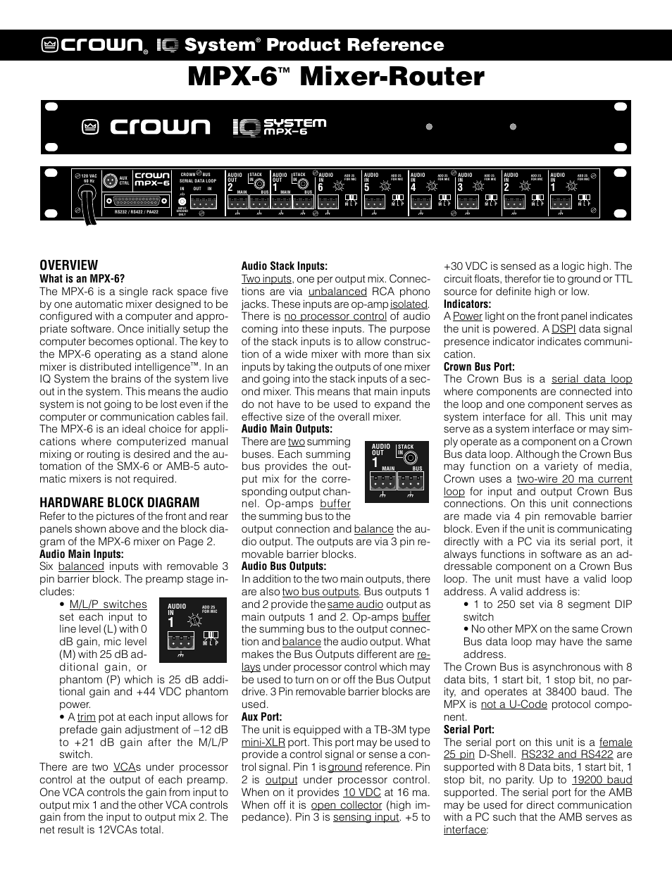 Crown IQ SYSYEM MPX-6TM User Manual | 3 pages