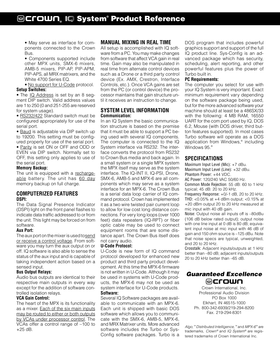 Crown, System, Product reference | Mpx-6 mixer (page 3 of 3), Guaranteed excellence, Computerized features, Manual mixing in real time, System level information, Specifications | Crown IQ SYSYEM MPX-6TM User Manual | Page 3 / 3