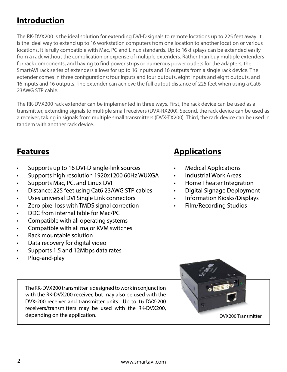 Introduction, Applications, Features | Smart Avi RK-DVX200 User Manual | Page 2 / 8