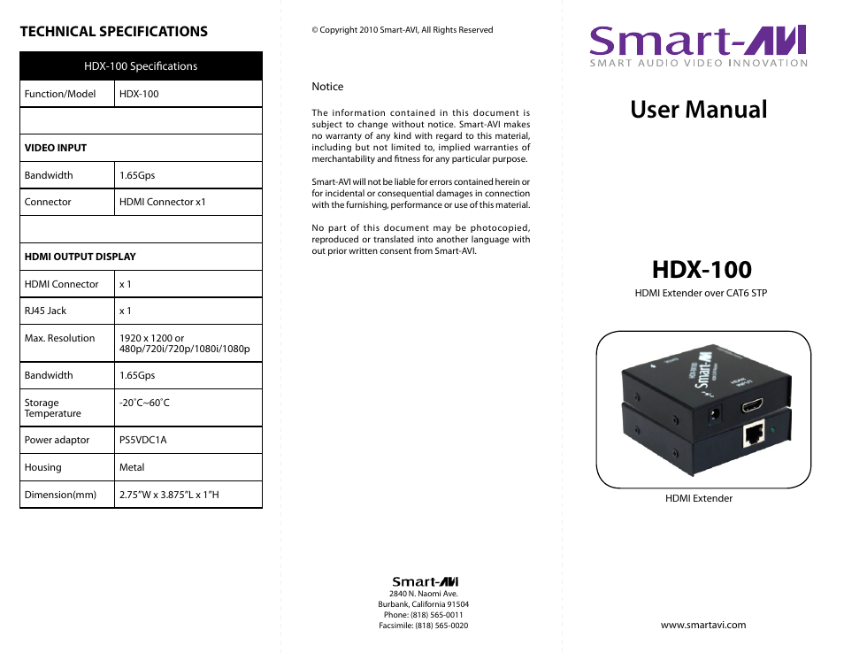 Smart Avi HDX-100 User Manual | 2 pages