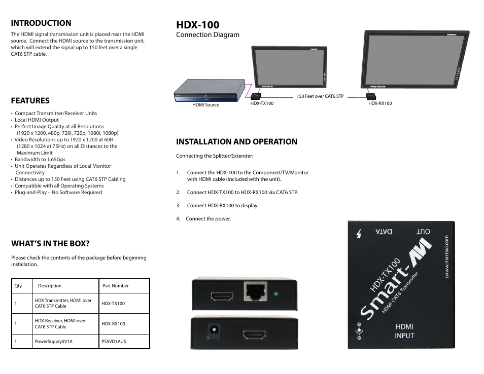 Hdx-100, What’s in the box, Installation and operation | Features, Introduction, Connection diagram | Smart Avi HDX-100 User Manual | Page 2 / 2