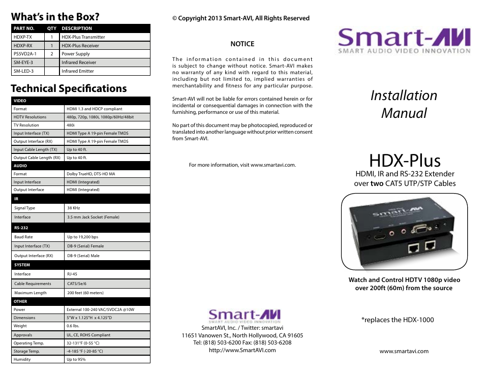 Smart Avi HDX-Plus User Manual | 2 pages