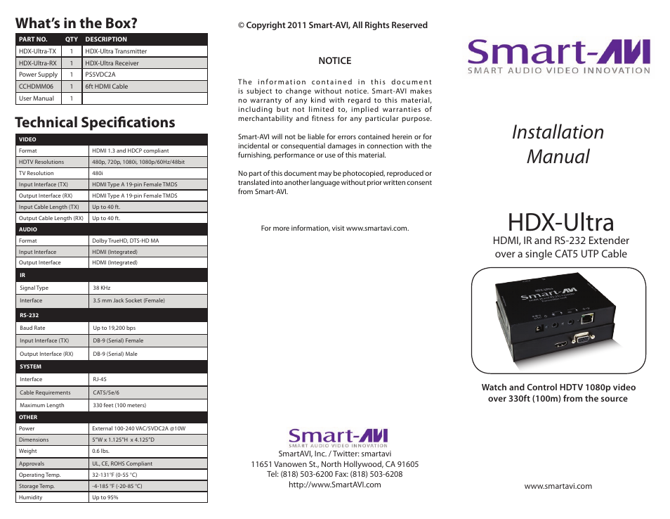 Smart Avi HDX Ultra User Manual | 2 pages