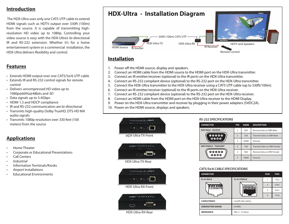 Hdx-ultra - installation diagram, Introduction, Features | Applications, Installation | Smart Avi HDX Ultra User Manual | Page 2 / 2