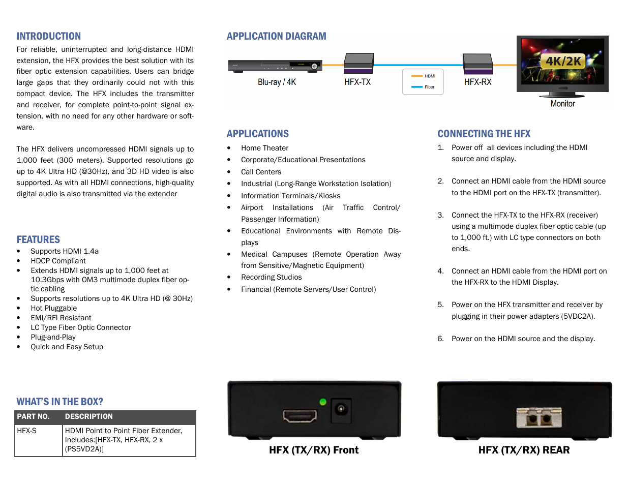 Introduction, Connecting the hfx, What’s in the box | Features | Smart Avi HFX-TX/RX User Manual | Page 2 / 2