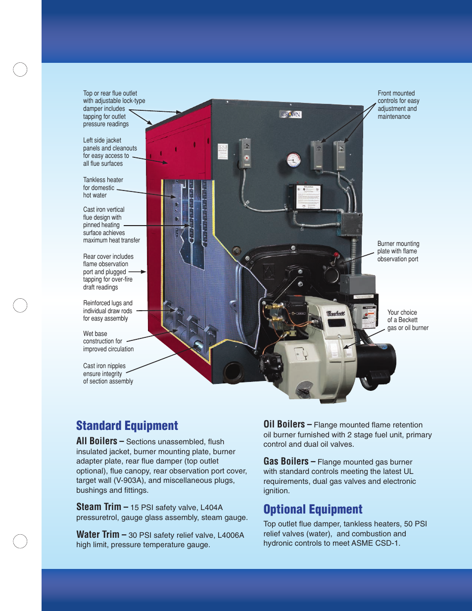 Standard equipment, Optional equipment, All boilers | Steam trim, Water trim, Oil boilers, Gas boilers | Crown Series 24 User Manual | Page 3 / 8