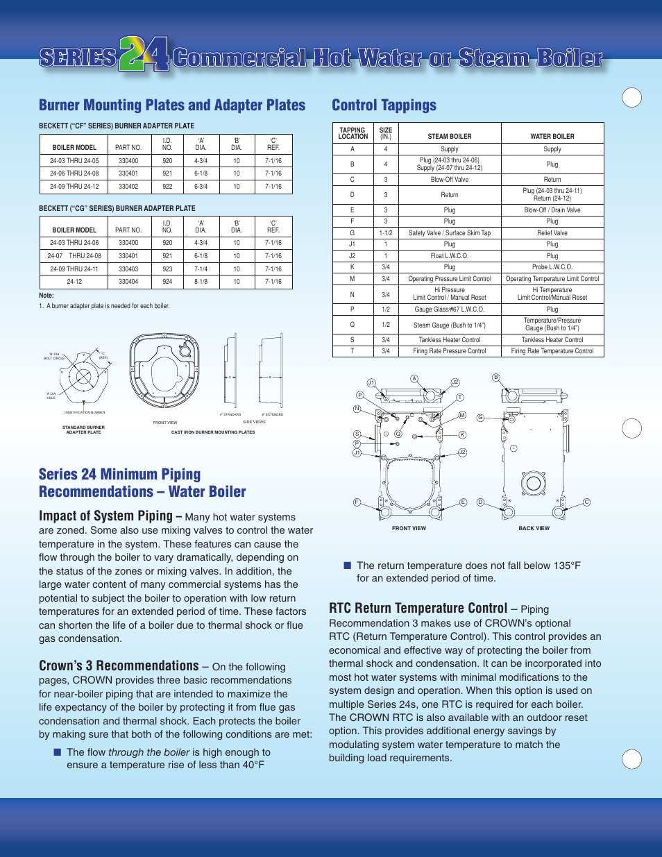 Commercial hot water or steam boiler, Burner mounting plates and adapter plates, Control tappings | Impact of system piping, Crown’s 3 recommendations, Rtc return temperature control | Crown Series 24 User Manual | Page 5 / 8