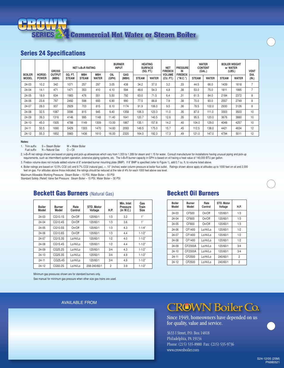 Series 24 speciﬁcations, Beckett gas burners, Beckett oil burners | Commercial hot water or steam boiler, Natural gas), Available from | Crown Series 24 User Manual | Page 8 / 8