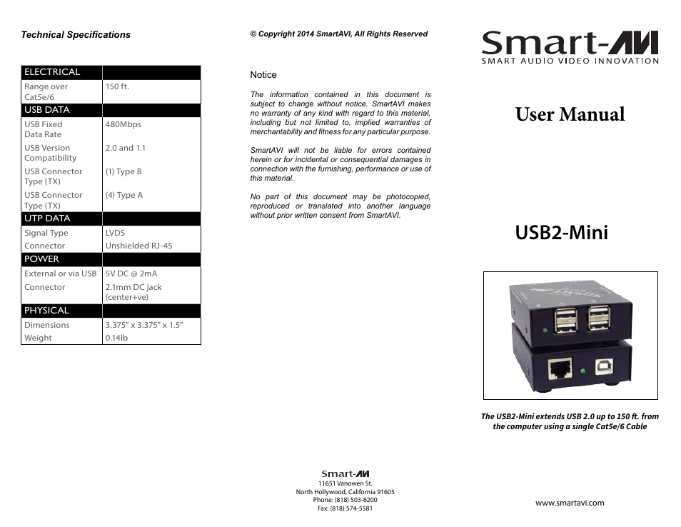 Smart Avi USB2-Mini User Manual | 2 pages