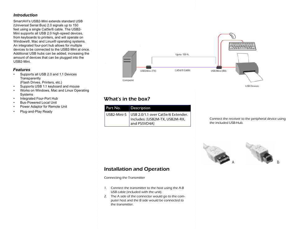 Introduction, Features what’s in the box, Installation and operation | Smart Avi USB2-Mini User Manual | Page 2 / 2