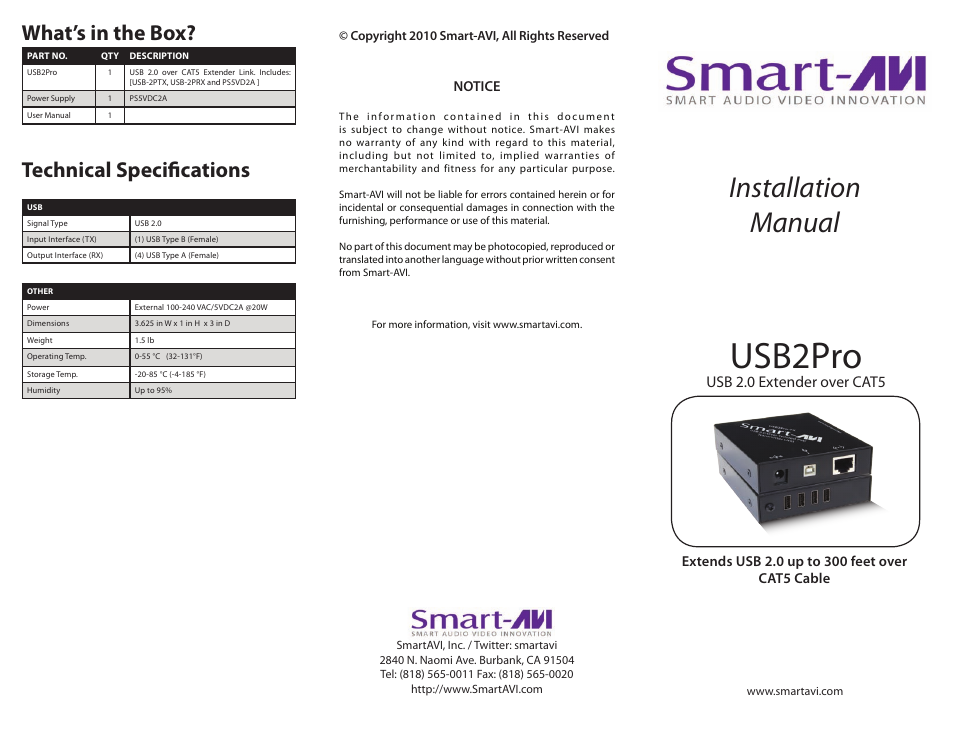 Smart Avi USB2Pro User Manual | 2 pages