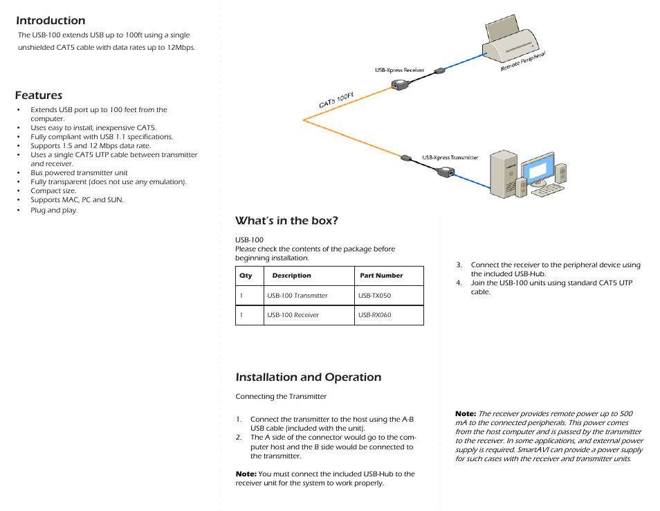 Introduction, Features what’s in the box, Installation and operation | Smart Avi USBXpress User Manual | Page 2 / 2