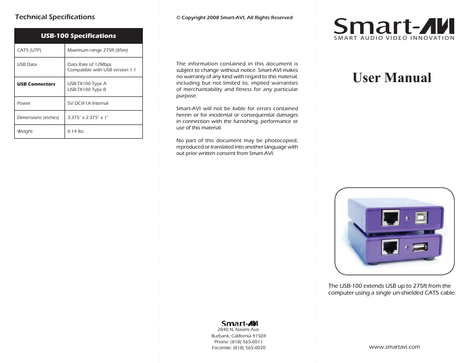 Smart Avi USB-100 User Manual | 2 pages