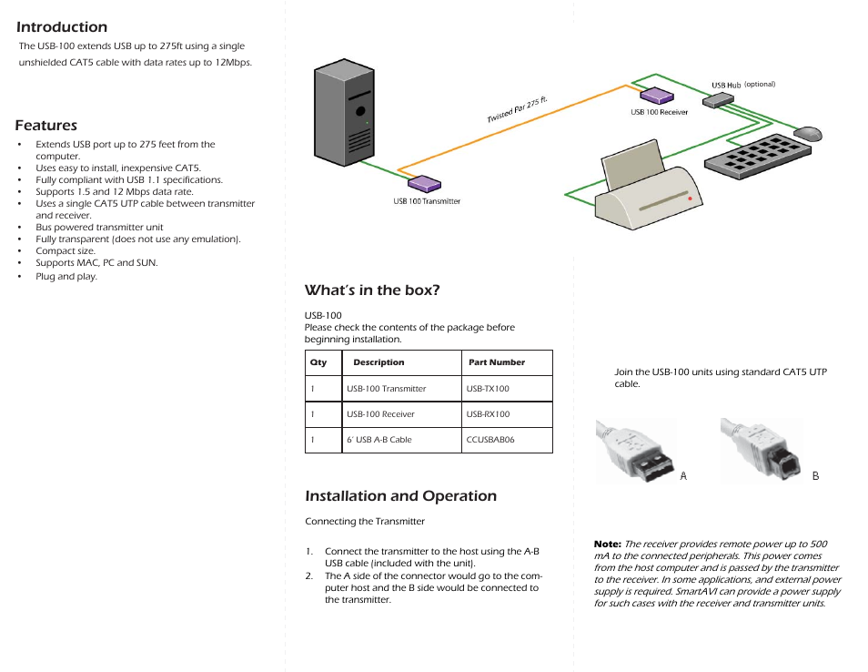 Introduction, Features what’s in the box, Installation and operation | Smart Avi USB-100 User Manual | Page 2 / 2