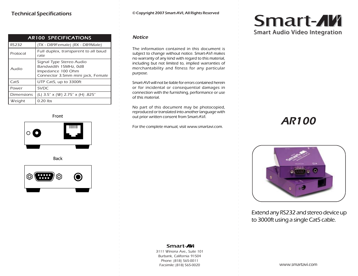 Smart Avi AR-100 User Manual | 2 pages