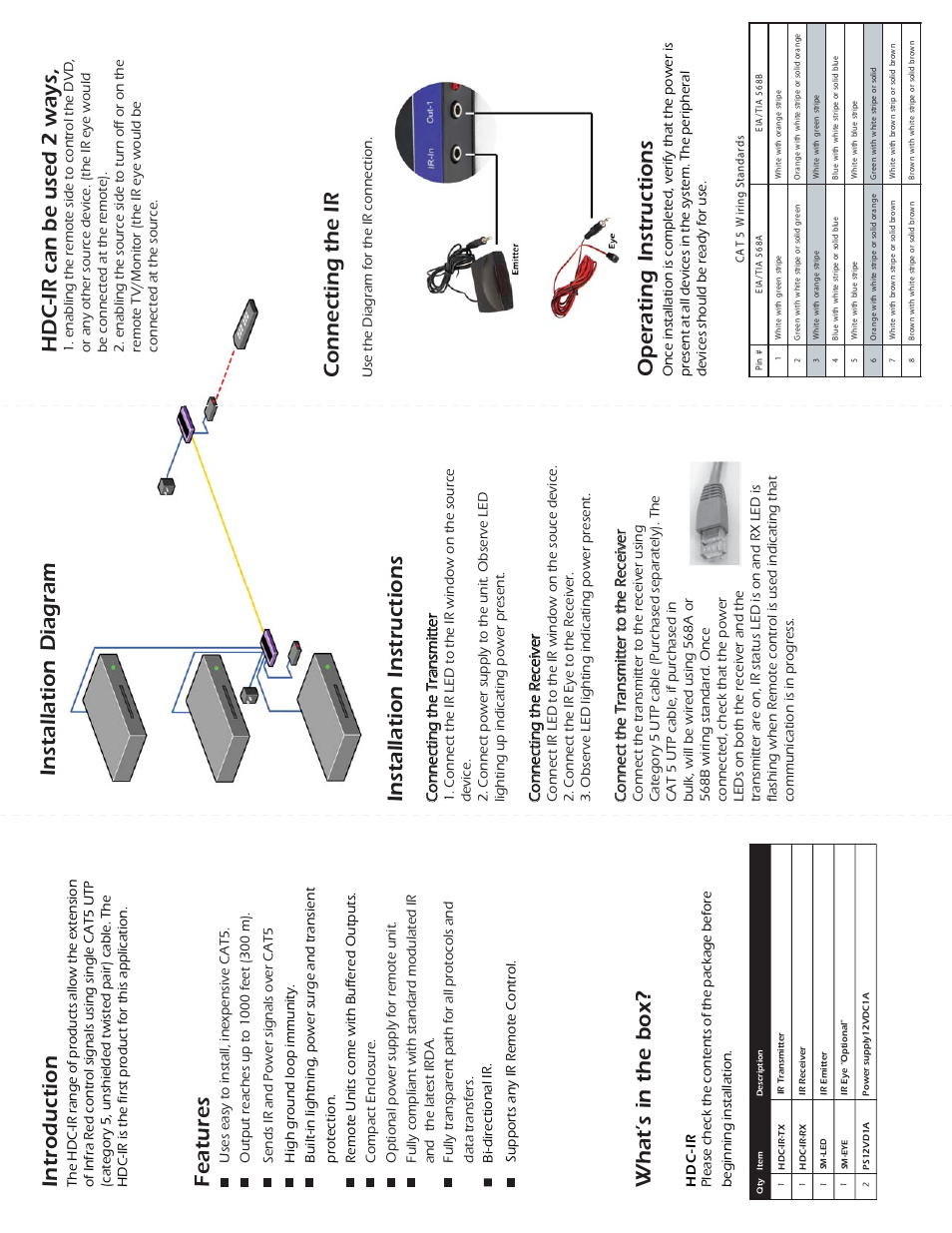 Introduction, Features, What’s in the box | Installation diagram, Installation instructions operating instructions, Connecting the ir, Hdc-ir can be used 2 ways, Connecting the transmitter, Connecting the receiver, Connect the transmitter to the receiver | Smart Avi HDCIR User Manual | Page 2 / 2