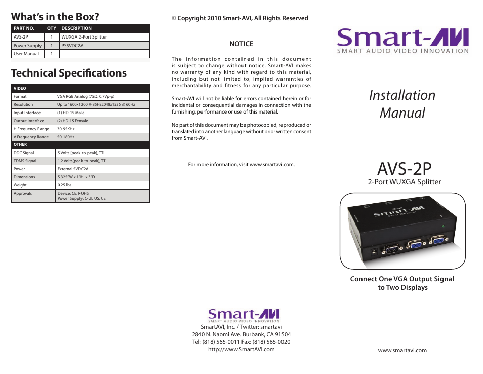 Smart Avi VS2P User Manual | 2 pages