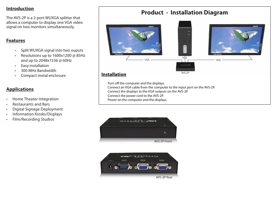 Product - installation diagram | Smart Avi VS2P User Manual | Page 2 / 2