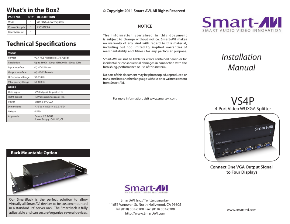 Smart Avi VS4P User Manual | 2 pages
