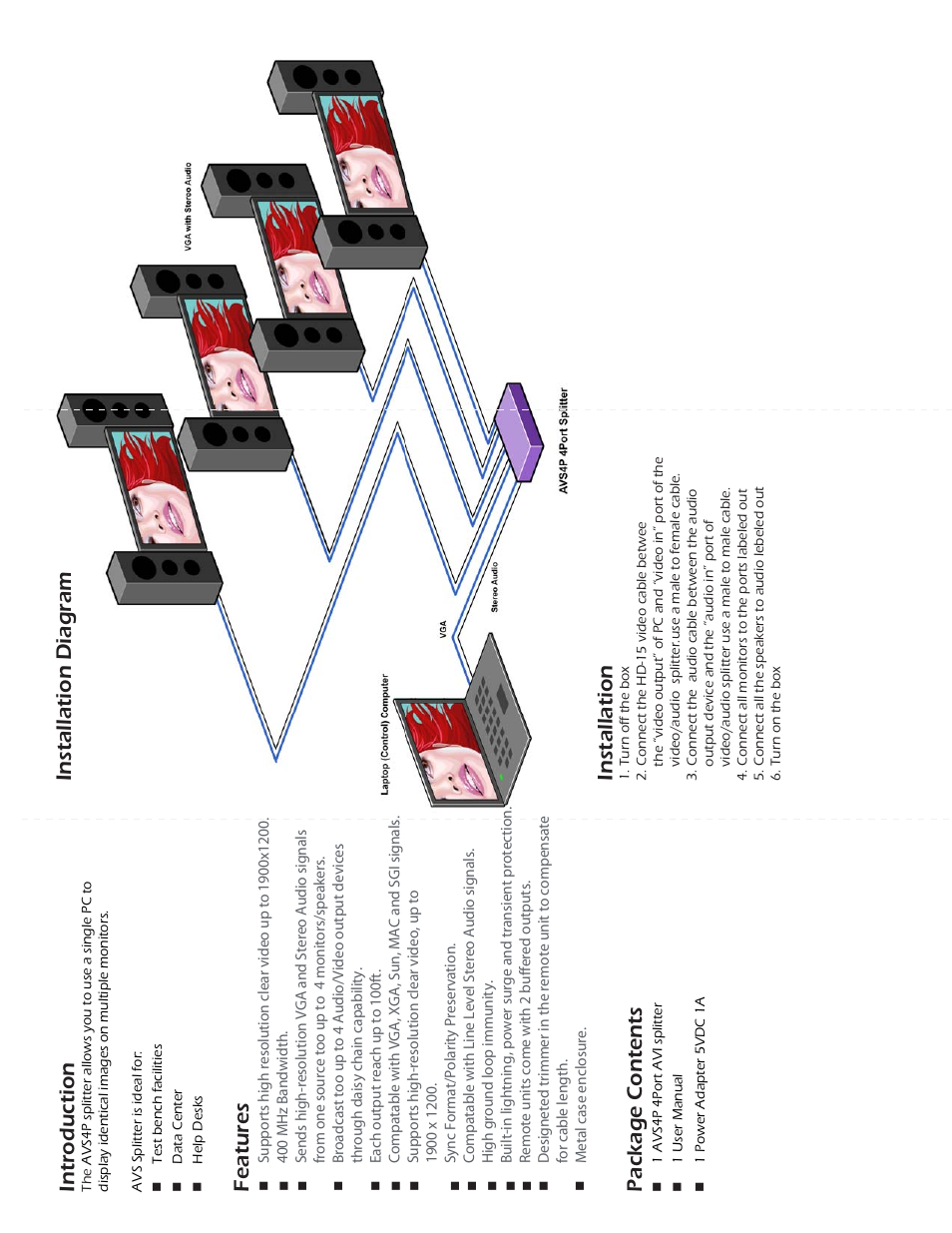 Introduction, Package contents, Installation diagram features | Installation | Smart Avi AVS4P User Manual | Page 2 / 2