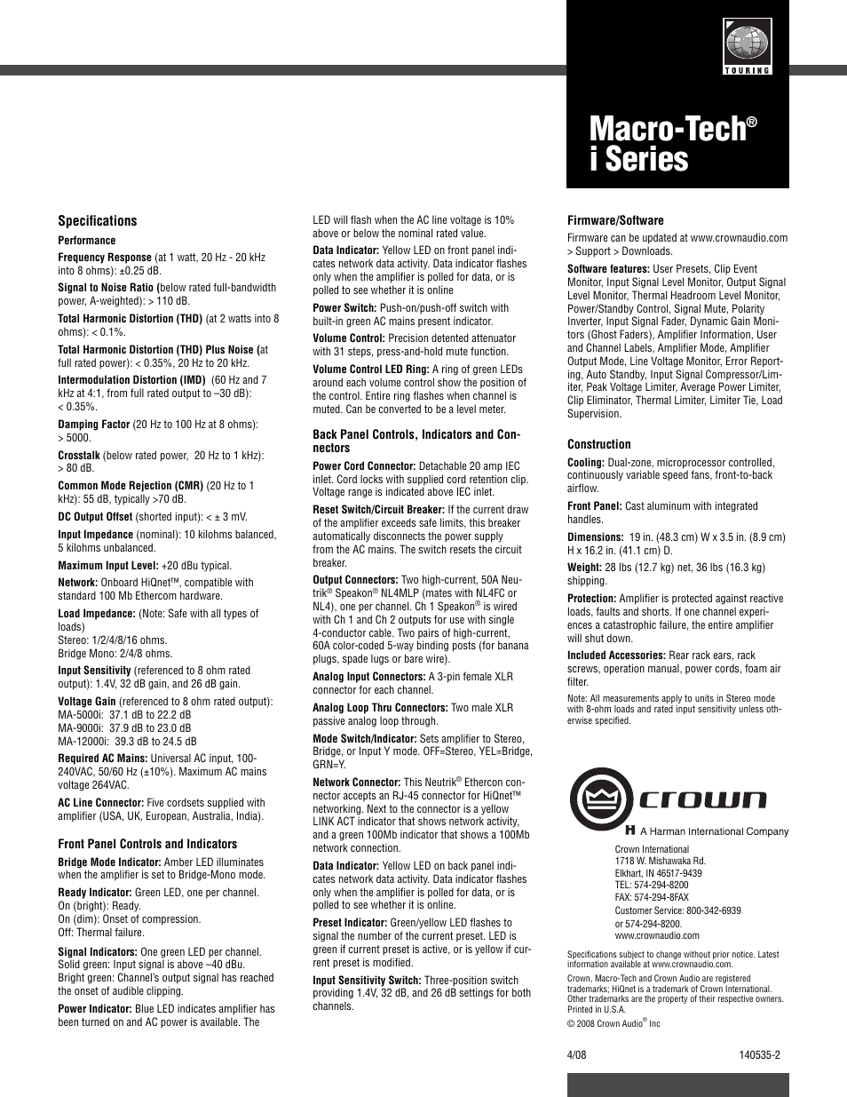 Macro-tech, I series | Crown MACRO-TECH 5000I User Manual | Page 2 / 2