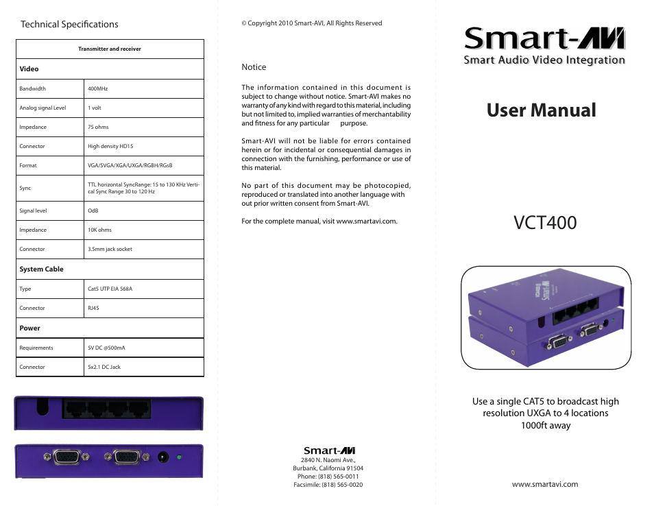 Smart Avi VCT-400 User Manual | 2 pages