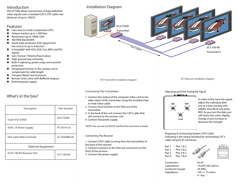 Introduction, Features, What’s in the box? installation diagram | Smart Avi VCT-400 User Manual | Page 2 / 2