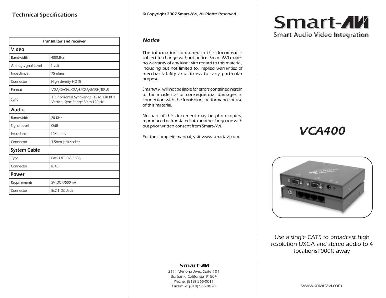 Smart Avi VCA-400 User Manual | 2 pages