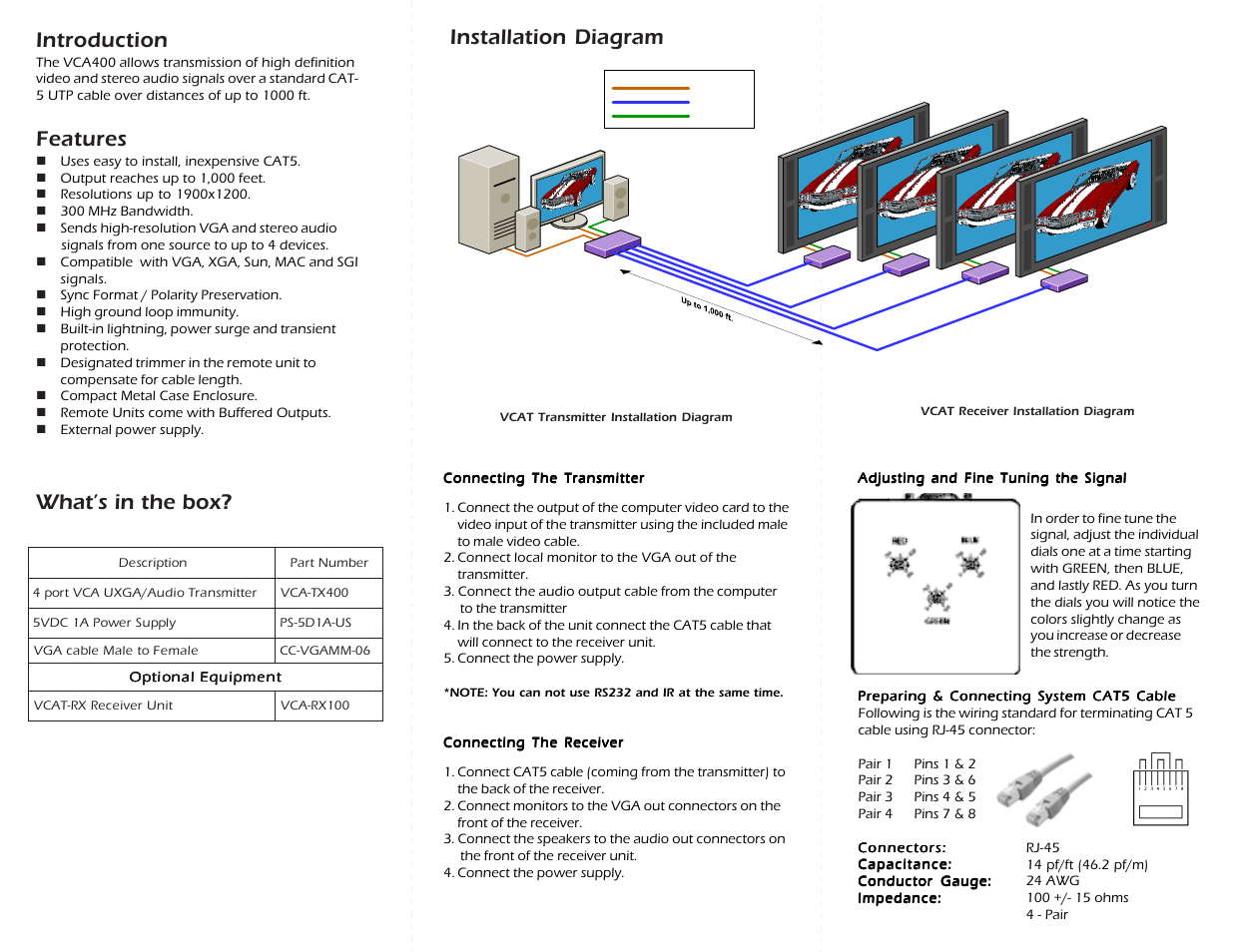Introduction, Features, What’s in the box? installation diagram | Smart Avi VCA-400 User Manual | Page 2 / 2