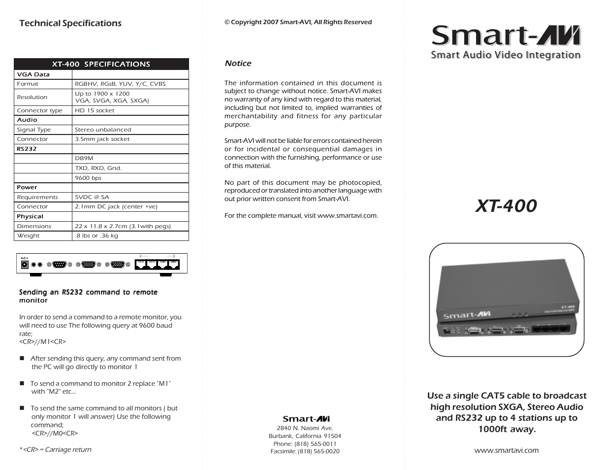 Smart Avi XT-TX400 User Manual | 2 pages