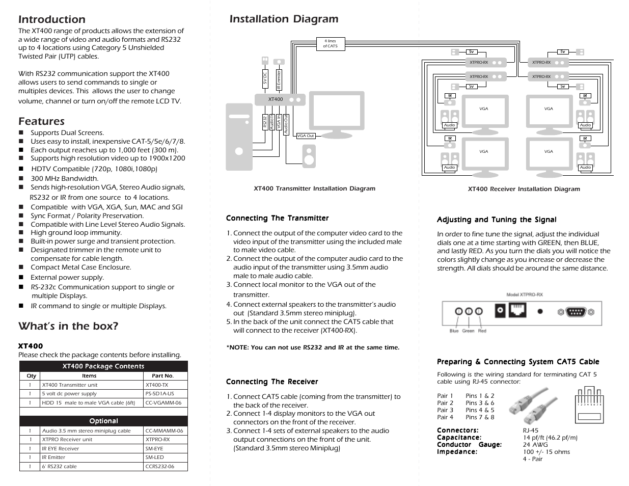 Introduction, Features, What’s in the box | Installation diagram | Smart Avi XT-TX400 User Manual | Page 2 / 2