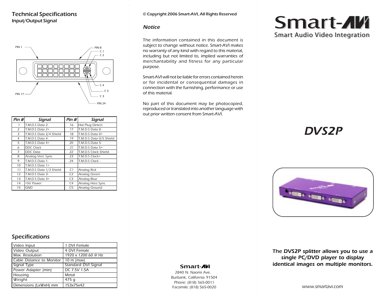 Smart Avi DVS2P User Manual | 2 pages