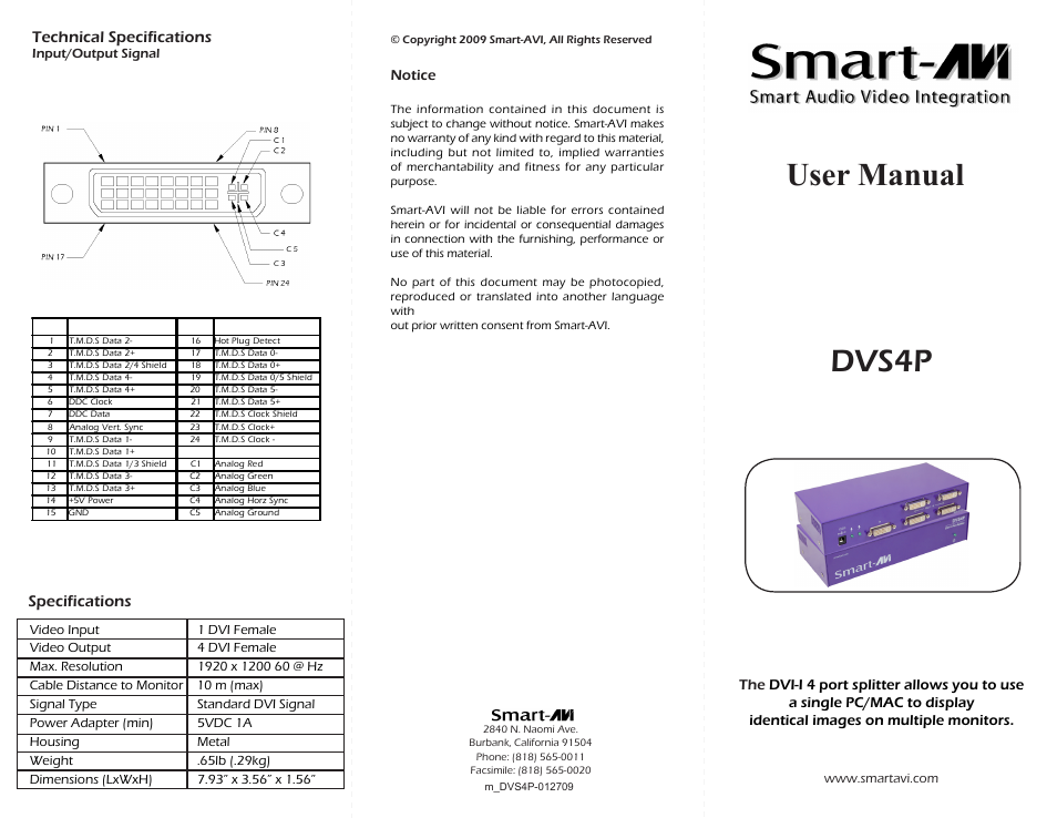 Smart Avi DVS4P User Manual | 2 pages