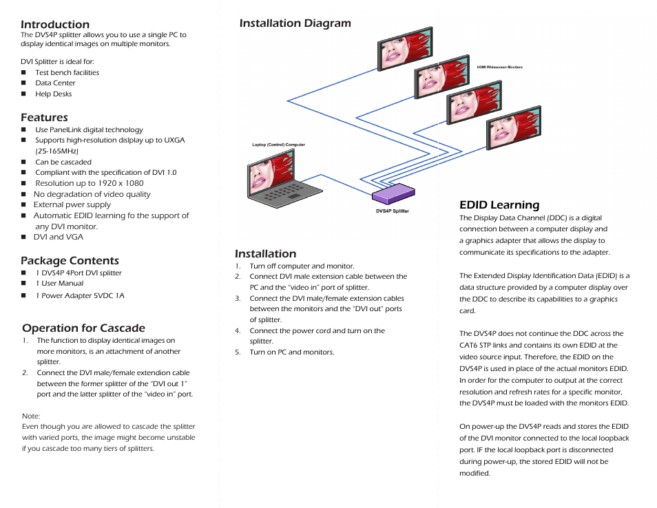 Introduction, Features, Package contents | Installation, Operation for cascade, Installation diagram edid learning | Smart Avi DVS4P User Manual | Page 2 / 2