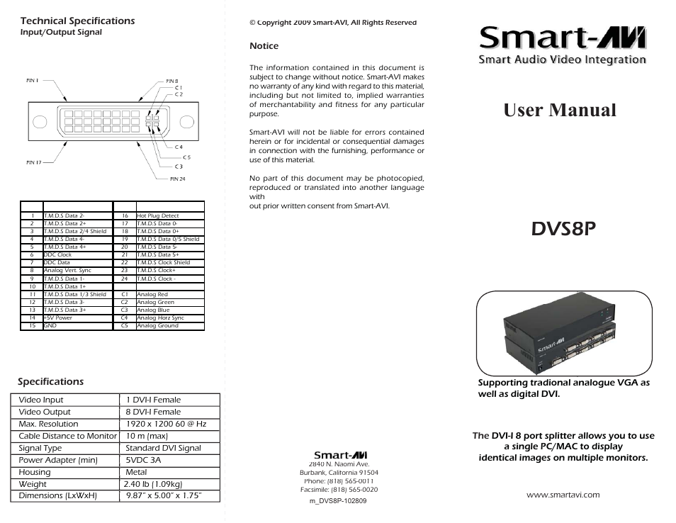 Smart Avi DVS8P User Manual | 2 pages