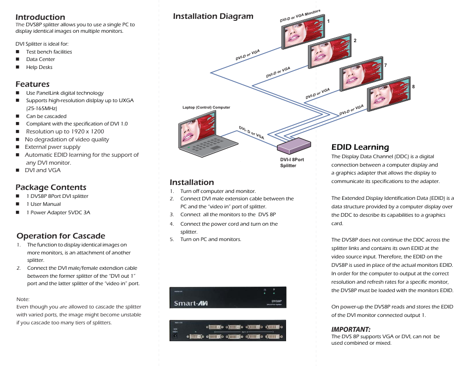 Introduction, Features, Package contents | Installation, Operation for cascade, Installation diagram edid learning, Important | Smart Avi DVS8P User Manual | Page 2 / 2