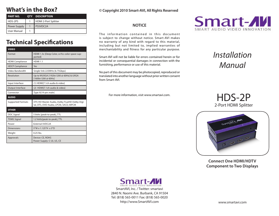 Smart Avi HDS-2P User Manual | 2 pages
