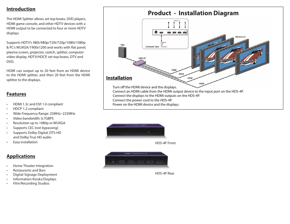 Product - installation diagram, Introduction, Features | Applications, Installation | Smart Avi HDS-4P User Manual | Page 2 / 2