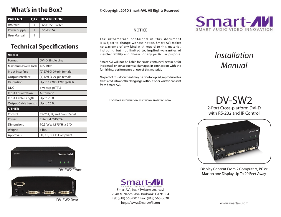 Smart Avi DV-SW2 User Manual | 2 pages