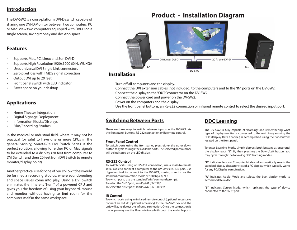 Product - installation diagram, Introduction, Features | Applications, Installation, Switching between ports, Ddc learning | Smart Avi DV-SW2 User Manual | Page 2 / 2